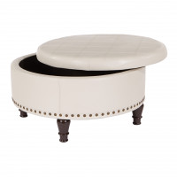 OSP Home Furnishings BP-AUOT32-B28 Augusta Round Storage Ottoman in Cream Bonded Leather with Decorative Nailheads